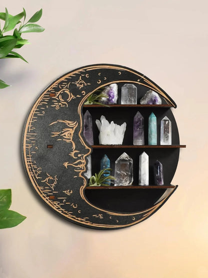 Moon Face Wooden Floating Shelf – Boho Wall Decor & Crystal Holder