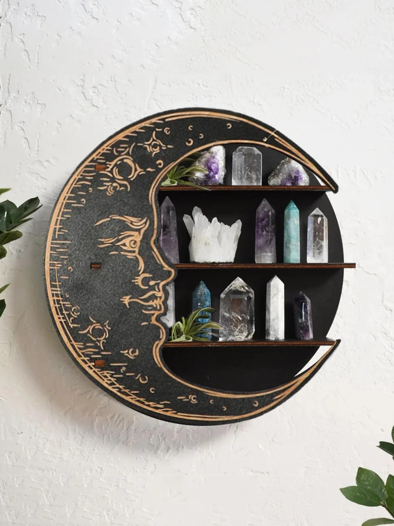 Moon Face Wooden Floating Shelf – Boho Wall Decor & Crystal Holder