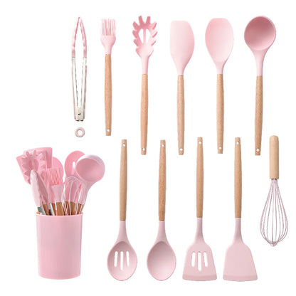 Silicone Kitchen Utensils Set - Non-stick Spatula, Egg Beaters, Wooden Handle