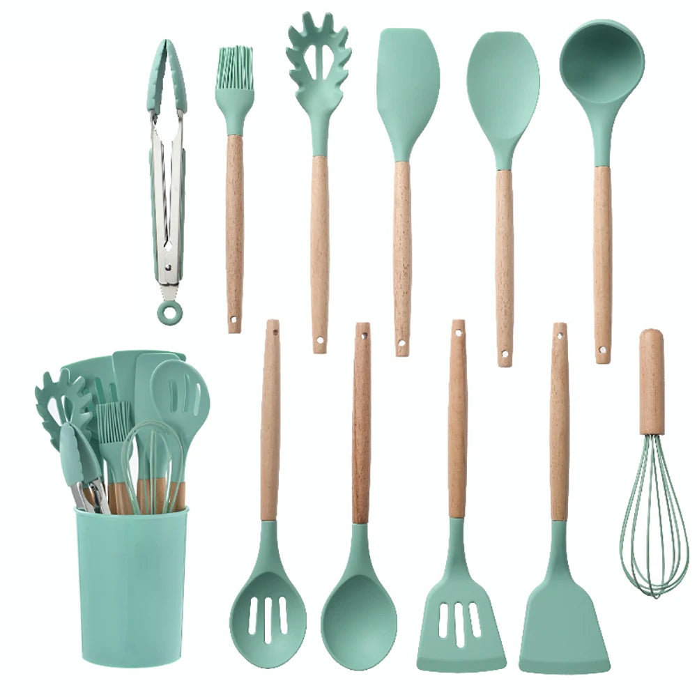 Silicone Kitchen Utensils Set - Non-stick Spatula, Egg Beaters, Wooden Handle