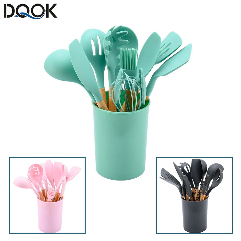 Silicone Kitchen Utensils Set - Non-stick Spatula, Egg Beaters, Wooden Handle