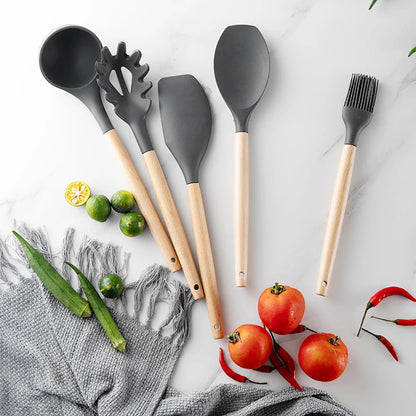 Silicone Kitchen Utensils Set - Non-stick Spatula, Egg Beaters, Wooden Handle