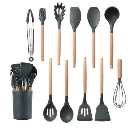 Silicone Kitchen Utensils Set - Non-stick Spatula, Egg Beaters, Wooden Handle