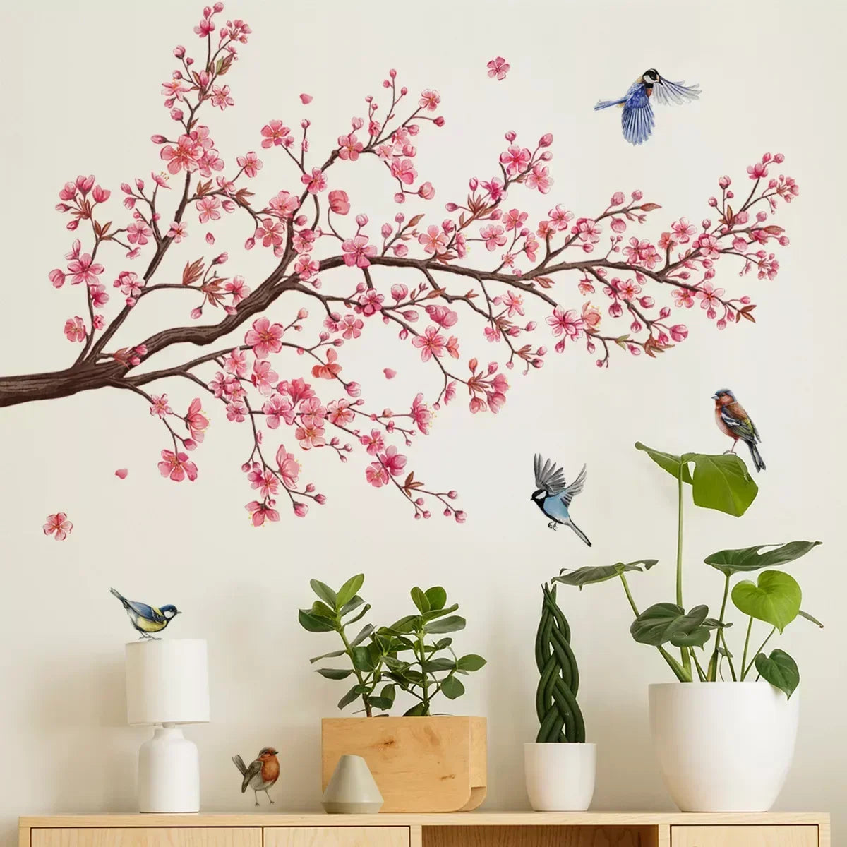 Pink Plum Tree Wall Decal – Birds & Room Decor