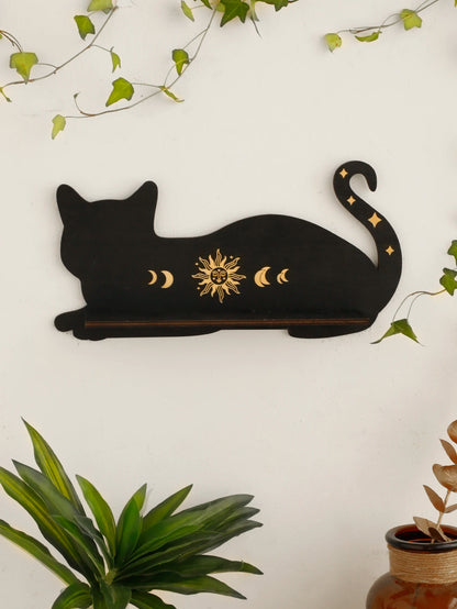 Cat Wall Crystal Shelf - Moon Phase Wooden Organizer for Home Décor