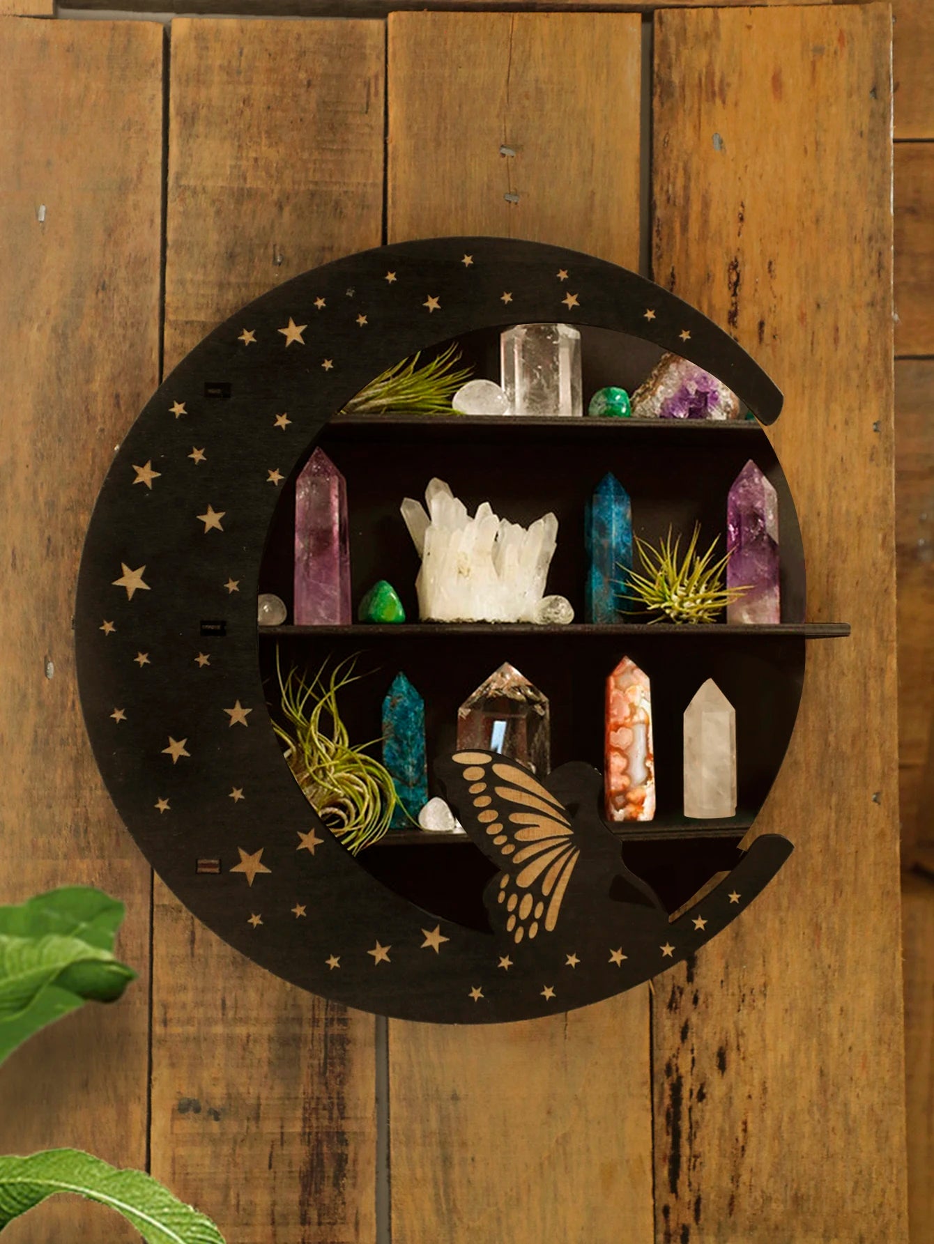 Moon Face Wooden Floating Shelf – Boho Wall Decor & Crystal Holder