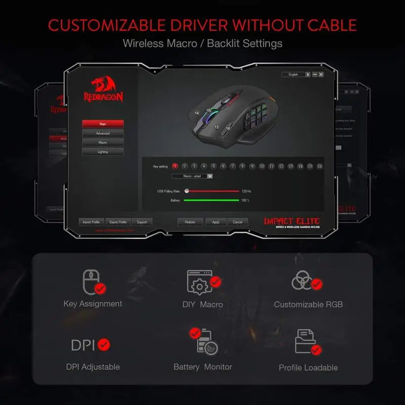 Redragon M913 Gaming Mouse 16000 DPI with 16 Programmable Buttons & RGB Lighting (Wired/Wireless)