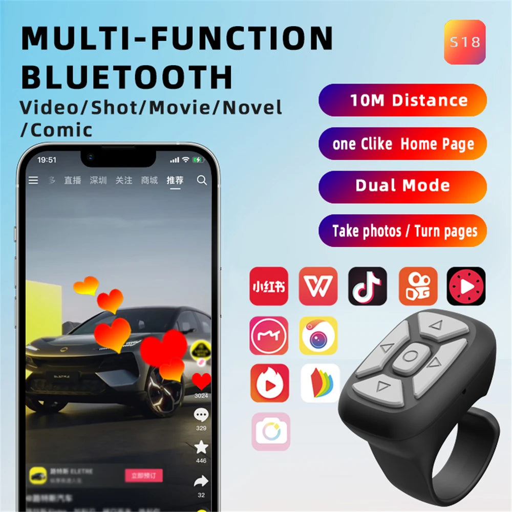 Portable Bluetooth Ring Remote Controller for Phones - Selfie, Video, Page Turner