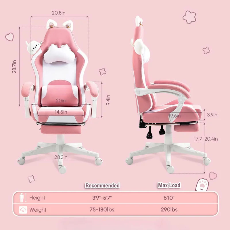 Ergonomic Pink Gaming Chair - Footrest, Headrest, 290lbs