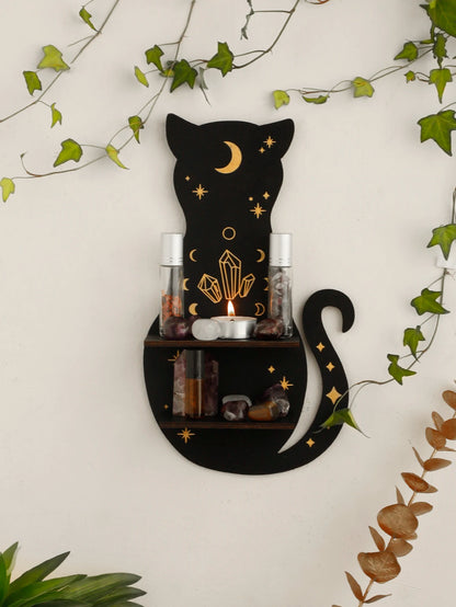 Cat Wall Crystal Shelf - Moon Phase Wooden Organizer for Home Décor