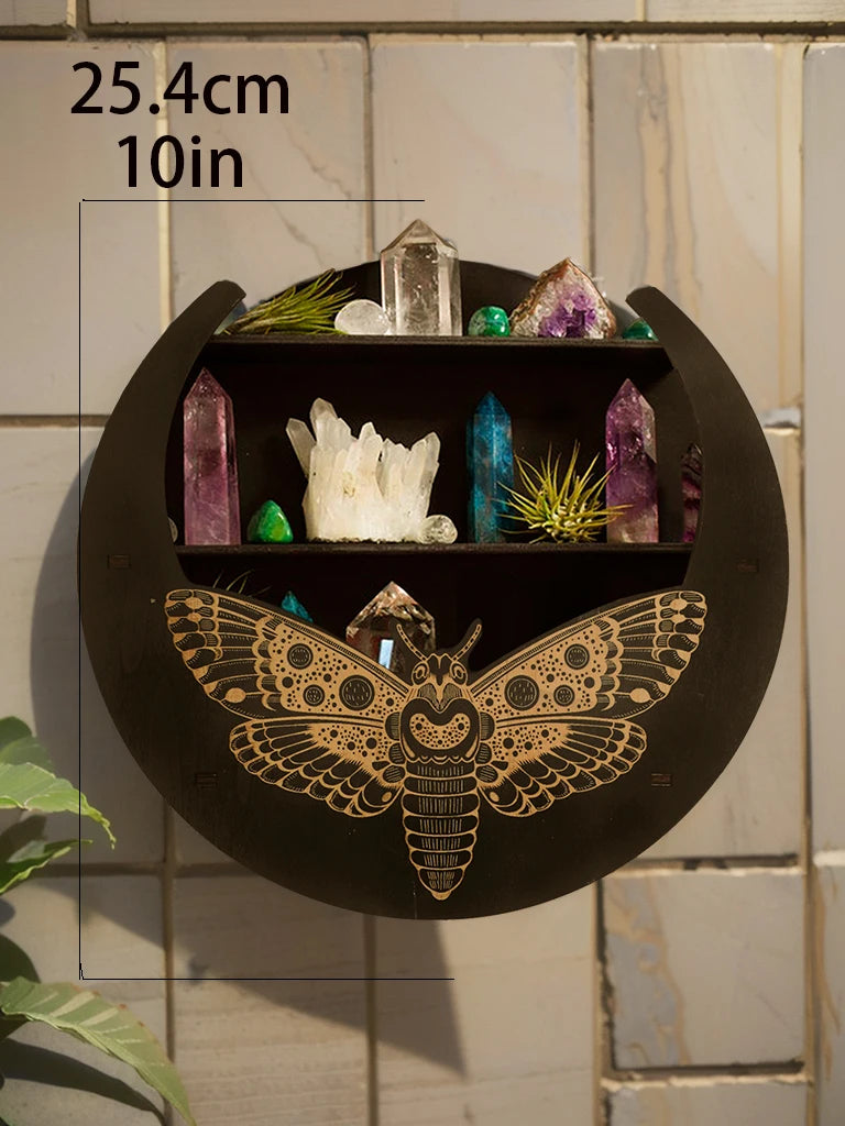 Moon Face Wooden Floating Shelf – Boho Wall Decor & Crystal Holder