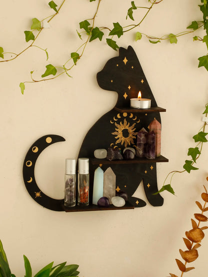 Cat Wall Crystal Shelf - Moon Phase Wooden Organizer for Home Décor