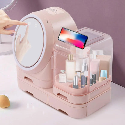 Pink LED Makeup Organizer with Mirror and Fan