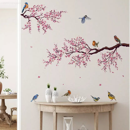 Pink Plum Tree Wall Decal – Birds & Room Decor