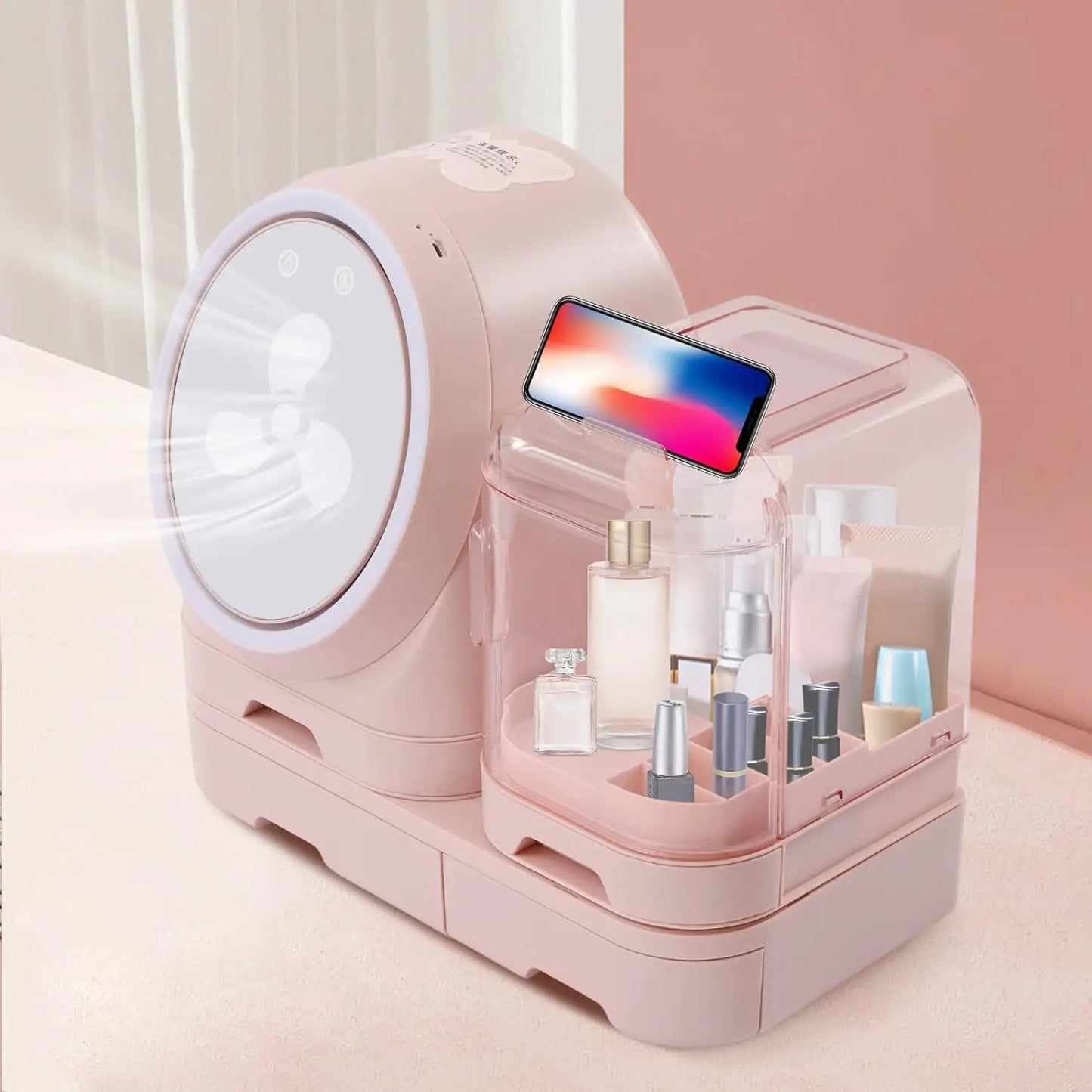 Pink LED Makeup Organizer with Mirror and Fan