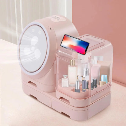 Pink LED Makeup Organizer with Mirror and Fan