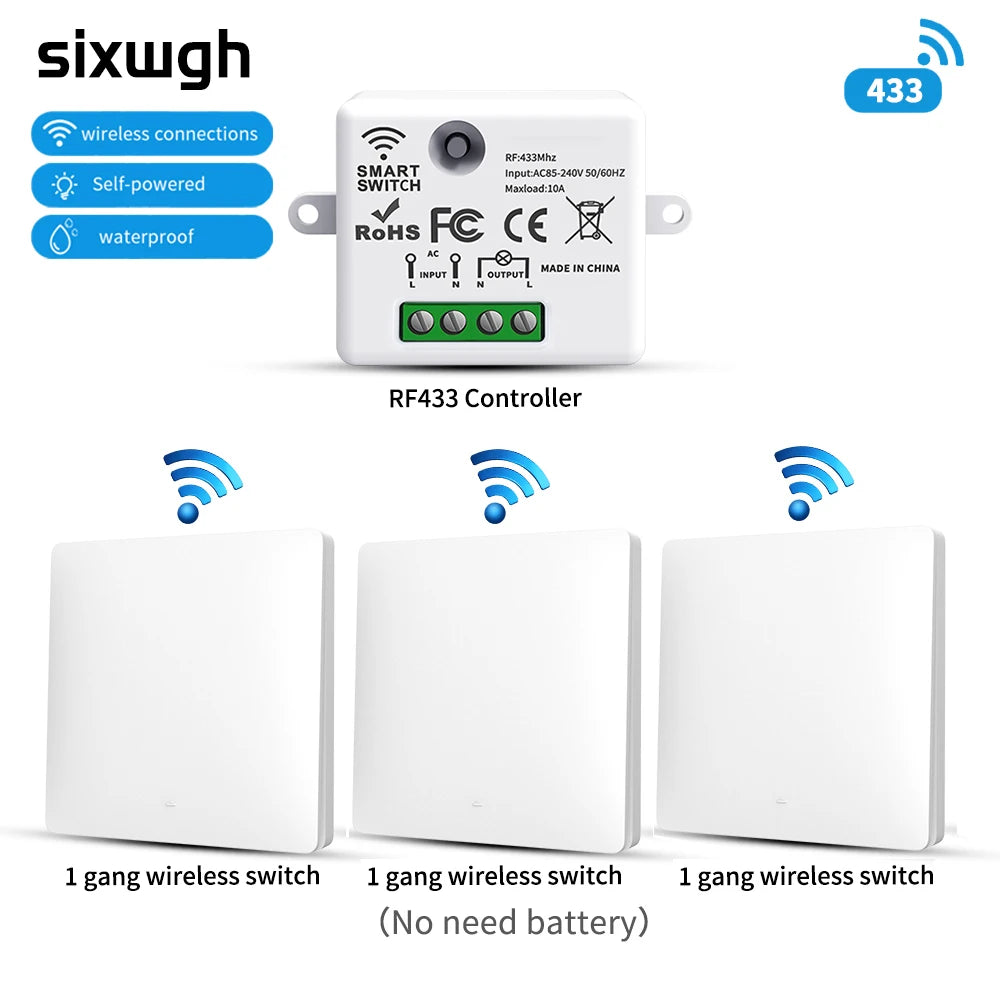 SIXWGH Smart Home Wireless 433mhz Light Switch House Improvement Self-Power Remote Controller Push Button Wall Switch Set